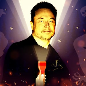 A photo illustration of Elon Musk at a campfire with ghosts.