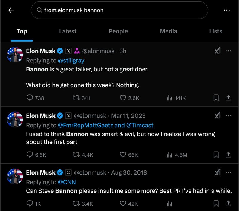 The three occasions Elon Musk has called out Bannon by name on X.