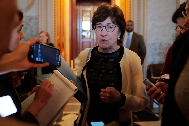 WASHINGTON, DC - MARCH 13:  U.S. Sen. Susan Collins (R-ME) speaks to reporters outside of the Senate Chambers at the U.S. Capitol on March 13, 2025 in Washington, DC. On Wednesday Senate Democrats, not in line with the continuing resolution passed by House Republicans providing a six-month funding extension to avert a government shutdown, proposed an alternate plan that would fund the government in the short term through April 11. (Photo by Anna Moneymaker/Getty Images)