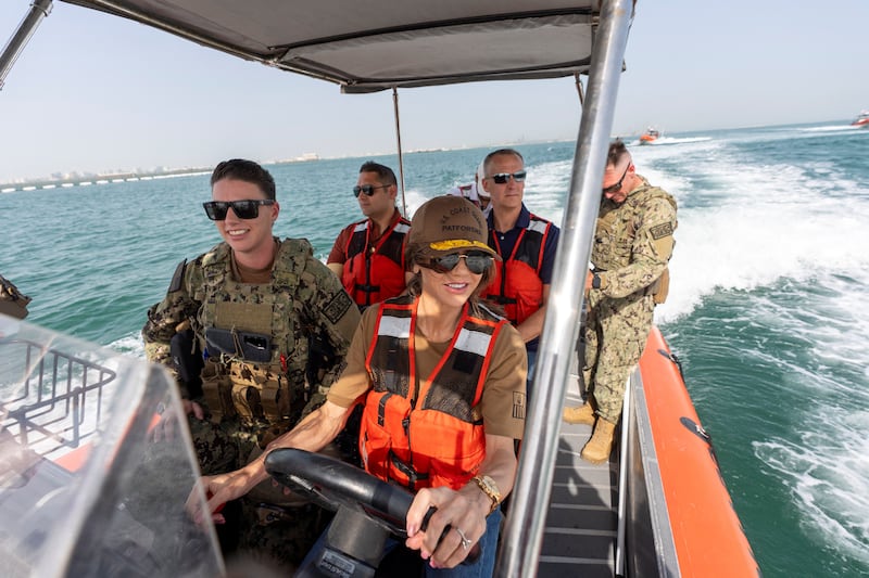 Homeland Security Secretary Kristi Noem pilots an Over the Horizon Small Boat, Mark 4, at Naval Support Activity, Manama, Bahrain on May 25, 2025.