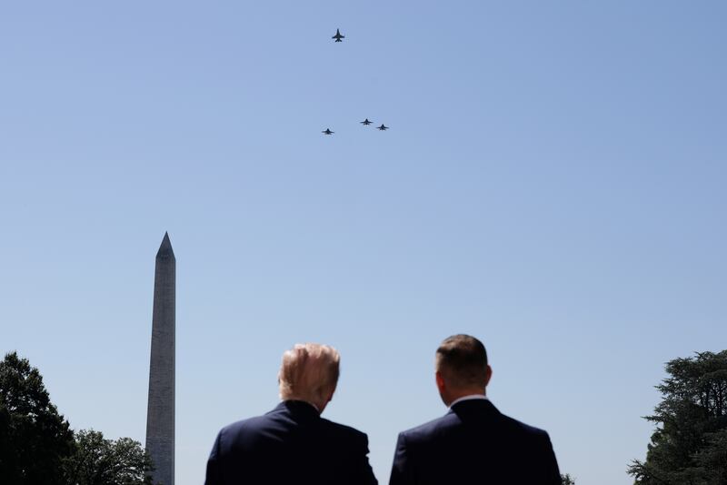 Military aircraft conduct a flyover as President Donald Trump welcomes Polish President Karol Nawrocki to the White House on September 3, 2025 in Washington, D.C.