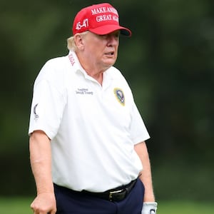 Former President Donald Trump looks on during the pro-am prior to the LIV Golf Invitational - Bedminster at Trump National Golf Club on August 10, 2023 in Bedminster, New Jersey.