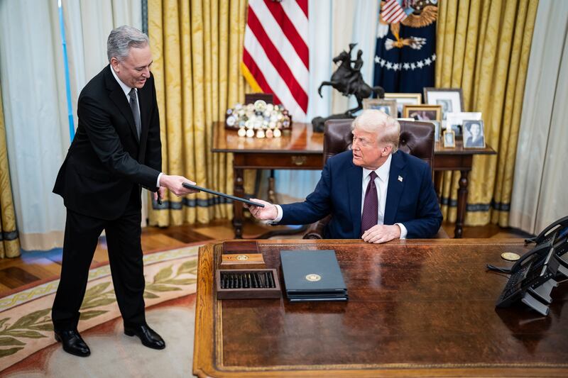 White House AI and Crypto Czar David Sacks with President Donald Trump as he signed executive orders on Jan 23, 2025. Sacks is co-headlining a crypto industry fundraiser for Trump on May 5.