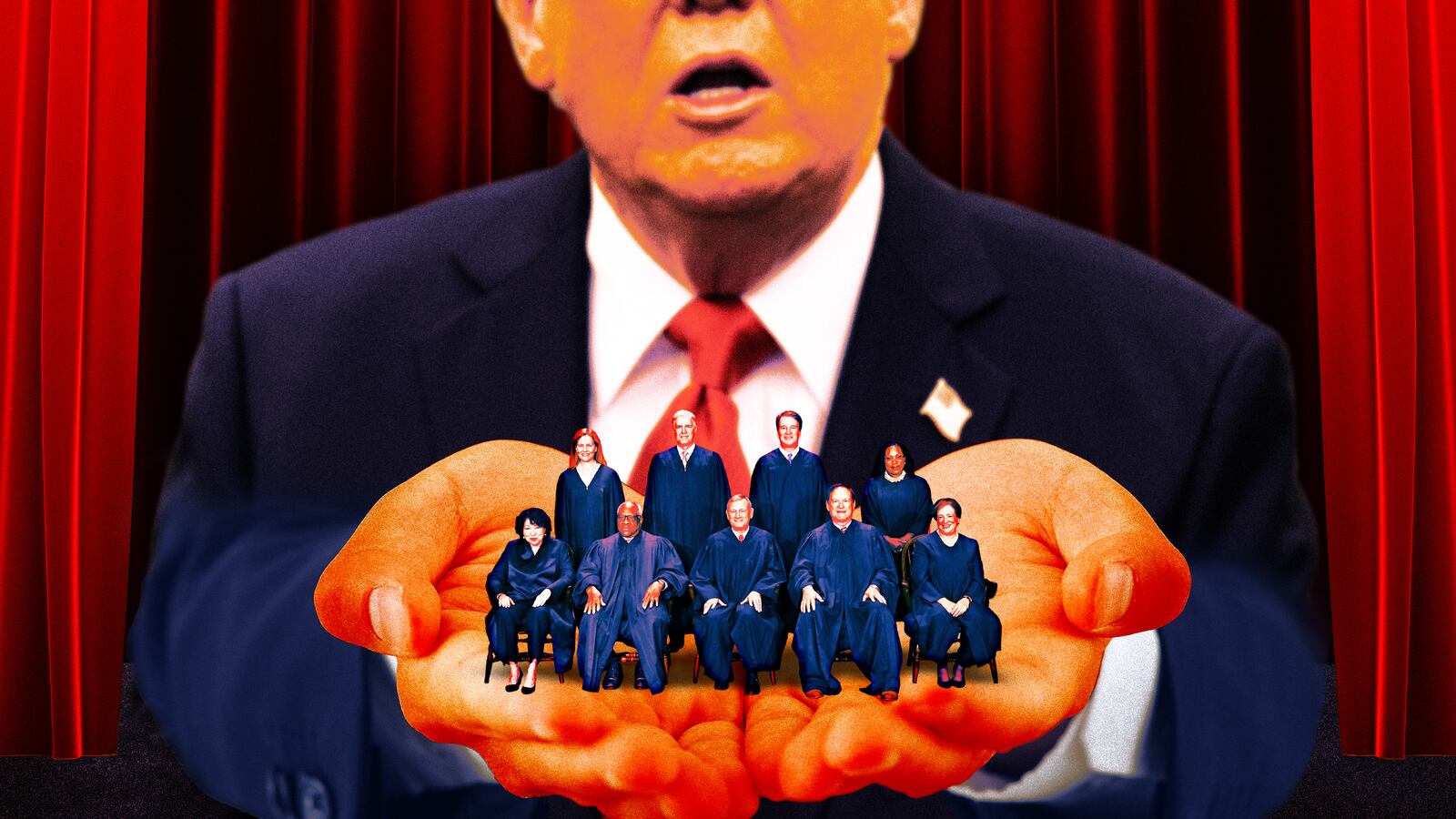 A photo illustration of President Donald Trump holding the Supreme Court Justices in the palm of his hands.
