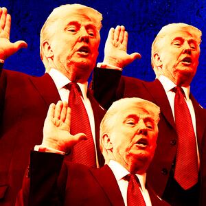 A photo illustration of three Donald Trumps during a swearing in ceremony.