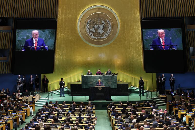 NEW YORK, NEW YORK - SEPTEMBER 23: U.S. President Donald Trump speaks during the United Nations General Assembly (UNGA) at the United Nations headquarters on September 23, 2025 in New York City. World leaders convened for the 80th Session of UNGA, with this year’s theme for the annual global meeting being “Better together: 80 years and more for peace, development and human rights.”  (Photo by Michael M. Santiago/Getty Images)