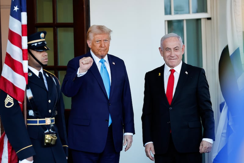 U.S. President Donald Trump greets Israeli Prime Minister Benjamin Netanyahu as he arrives at the White House on February 04, 2025
