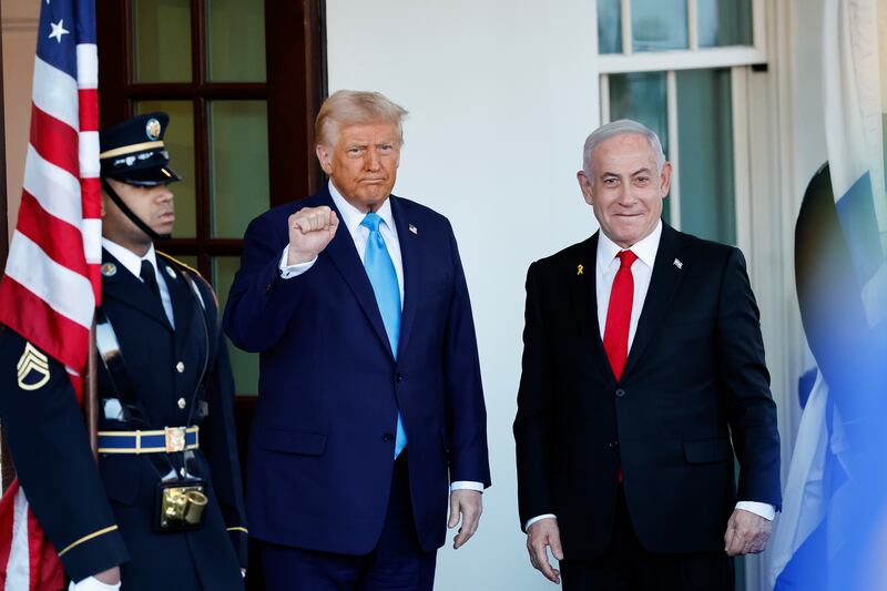 U.S. President Donald Trump greets Israeli Prime Minister Benjamin Netanyahu as he arrives at the White House on February 04, 2025