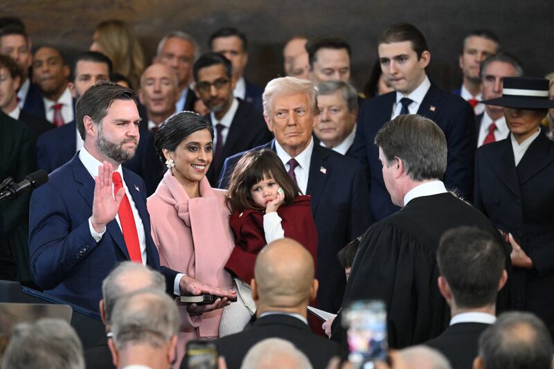 J.D. Vance is sworn in as the US Vice President in the US Capitol Rotunda in Washington, DC, on January 20, 2025. (Photo by SAUL LOEB / POOL / AFP) (Photo by SAUL LOEB/POOL/AFP via Getty Images)