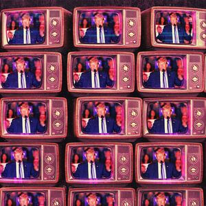 A photo illustration of television sets with former President Donald Trump on.