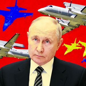 A photo illustration of President Putin, F16 fighter jets, and Swedish ASC 890 aircraft.