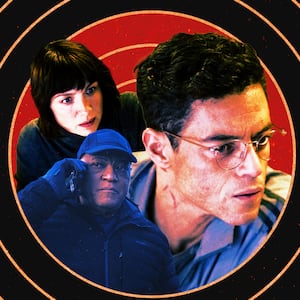 A photo illustration of Caitriona Balfe, Laurence Fishburne, and Rami Malek.