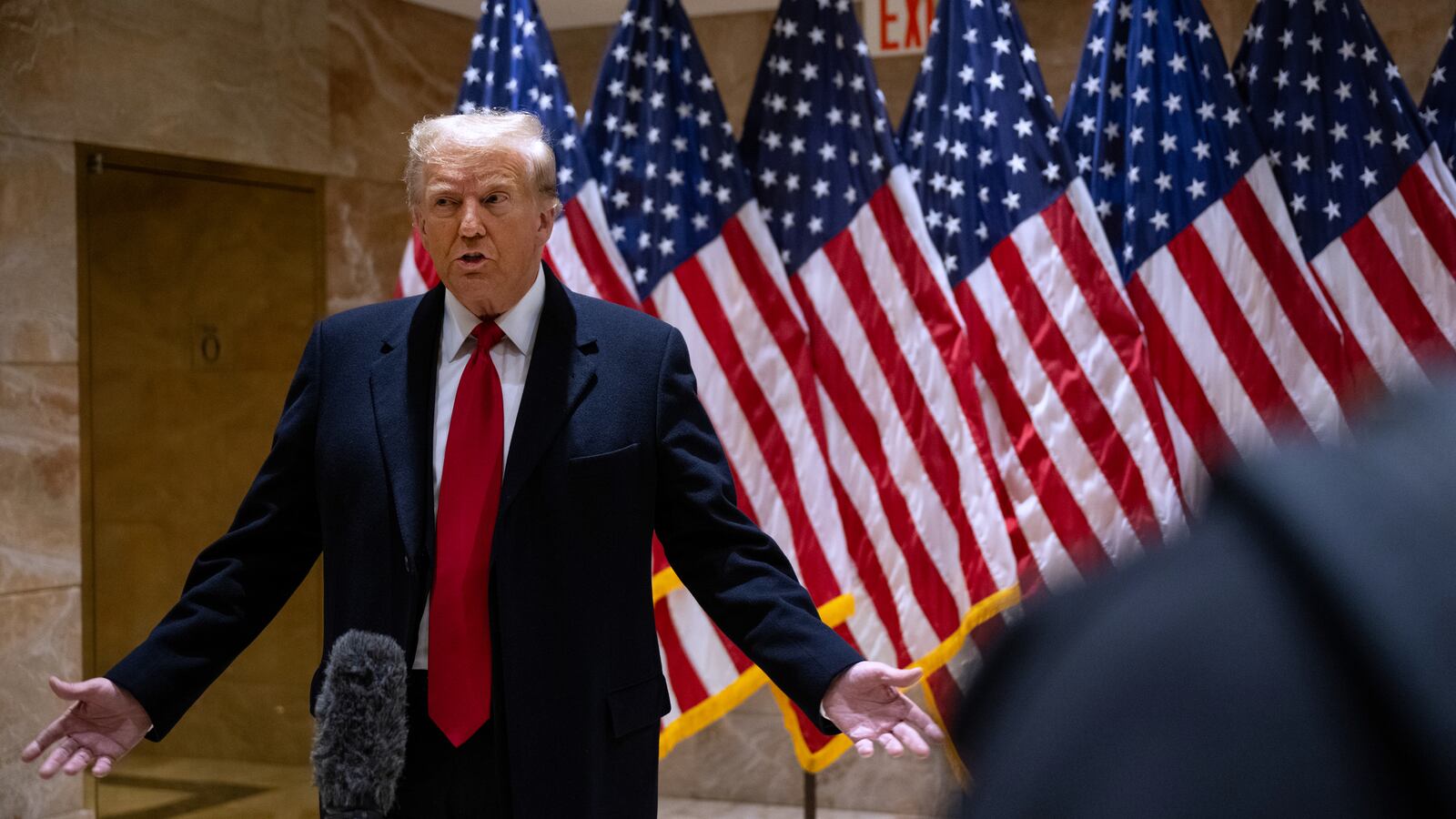Former President Donald Trump speaks at a press conference after leaving the second day of his defamation trial involving E. Jean Carroll.