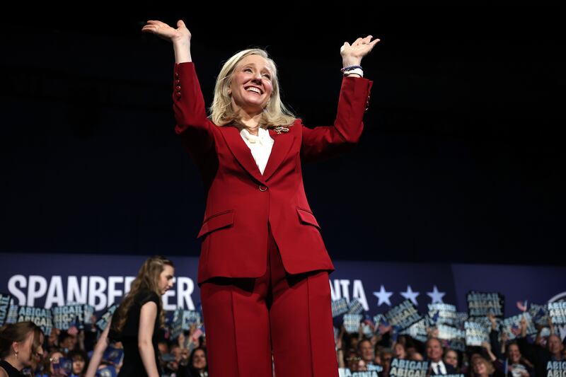Virginia Democratic gubernatorial candidate Abigail Spanberger celebrates as she takes the stage during her election night rally at the Greater Richmond Convention Center on November 04, 2025 in Richmond, Virginia after being projected the winner of the race.