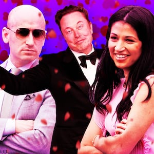 A photo illustration of Stephen Miller, Elon Musk, and Katie Miller with flower petals and hearts floating around them.
