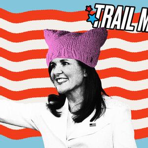 Photo illustration of Nikki Haley wearing a pink pussy hat on a red and white stripe background.