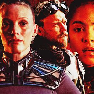 Cassian Bilton, Laura Birn, Pilou Asbæk, and Lu Llobell in Foundation Season 3.