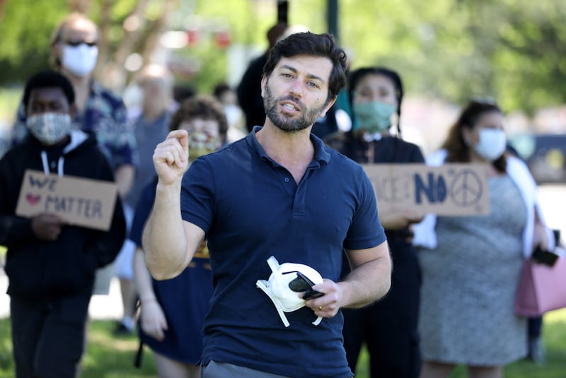 Adam Schleifer, a Democratic candidate for Congress, delivers remarks during a solidarity rally against racial injustice, sponsored by the Peekskill NAACP, was held at the Peekskill Riverfront Green, May 30, 2020.