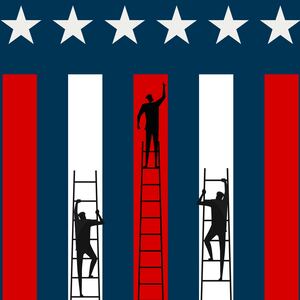 A photo illustration of people on ladders climbing up an American flag.
