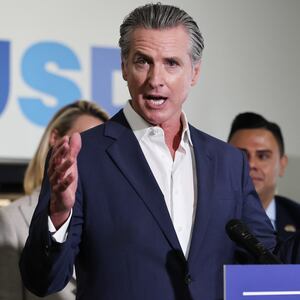California Governor Gavin Newsom speaks at Belvedere Middle School on October 8, 2025 in Los Angeles, California.