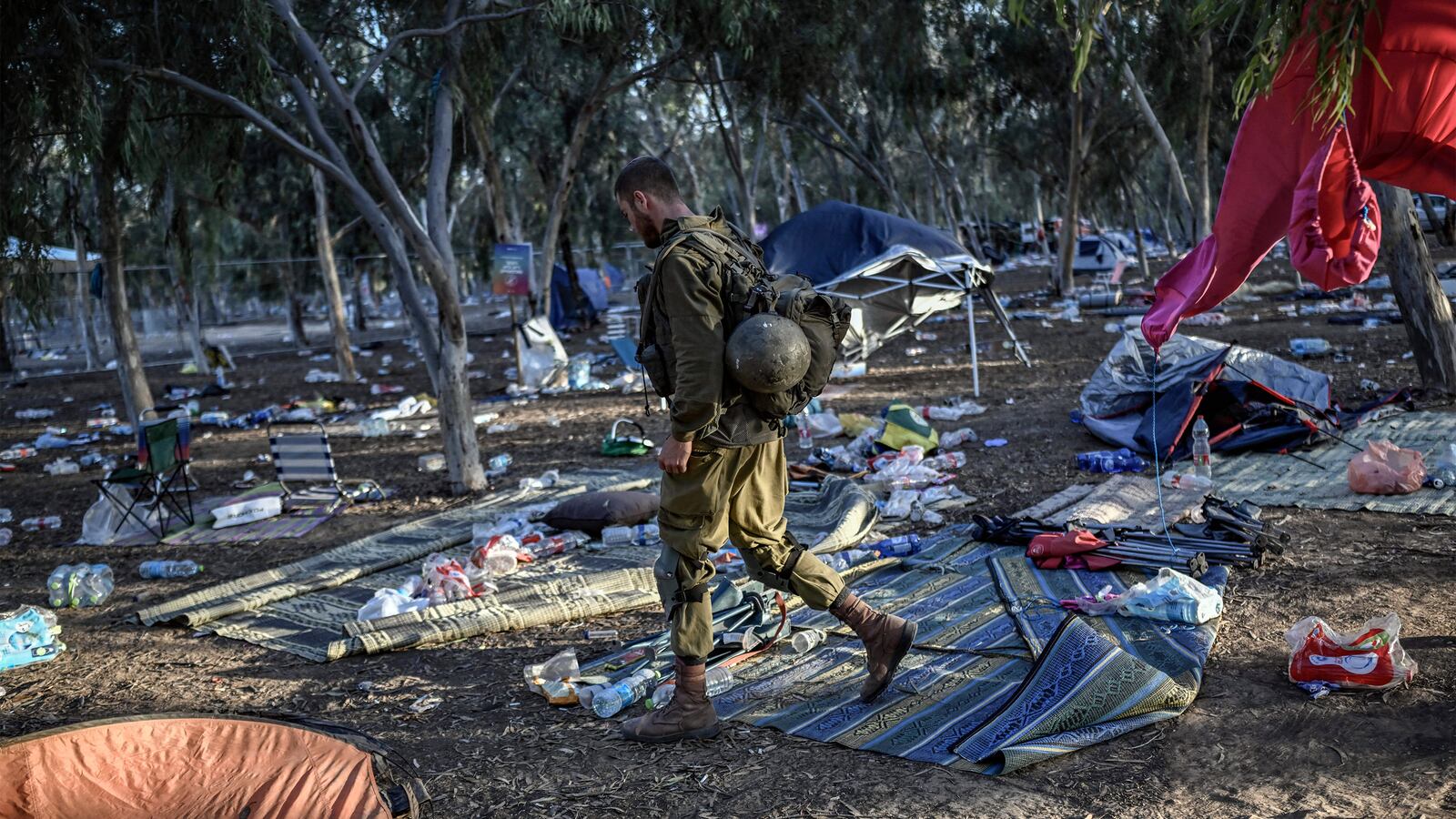 An Israeli soldier patrols near Kibbutz Beeri in southern Israel.