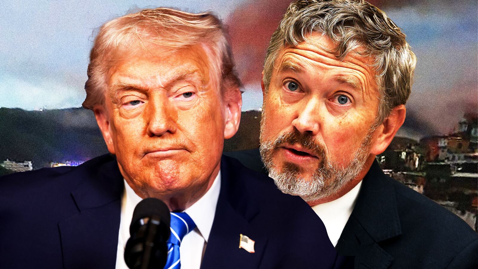 Donald Trump, Thomas Massie, in front of an image of the bombing in Venezuela