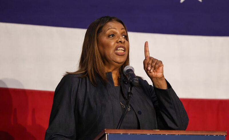 NY Attorney General Letitia James hosts a town hall at SUNY Westchester Community College to hear from residents about the impact of former President Donald Trump’s policies on their lives on May 08, 2025 in Valhalla, New York. James, along with her counterparts from New Jersey, California, Illinois, and Minnesota, will listen to New Yorkers from across the state about safeguarding civil rights and pushing back against federal policies they deem harmful. (Photo by Spencer Platt/Getty Images)