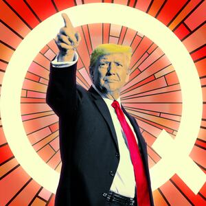 A photo illustration of former President Donald Trump and stained glass Qanon symbol.