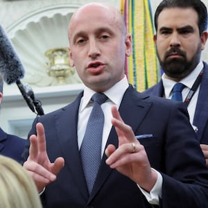 U.S. White House Deputy Chief of Staff Stephen Miller speaks as U.S. Attorney General Pam Bondi, U.S. National Security Advisor Mike Waltz, and  U.S. Department of Homeland Security Secretary Kristi Noem listen during a meeting between U.S. President Donald Trump (not pictured) and El Salvador President Nayib Bukele (not pictured) in the Oval Office at the White House in Washington, D.C., U.S., April 14, 2025. REUTERS/Kevin Lamarque  REFILE - QUALITY REPEAT