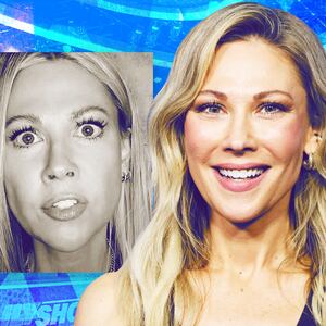 A photo illustration of images of Desi Lydic and The Daily Show set.