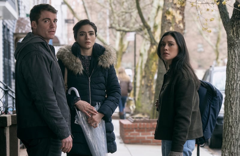 The Night Agent. (L to R) Gabriel Basso as Peter Sutherland, Arienne Mandi as Noor, Luciane Buchanan as Rose Larkin in episode 205 of The Night Agent. Cr. Christopher Saunders/Netflix © 2024