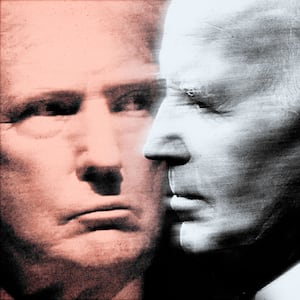 Photo illustration a red Donald Trump and a blue Joe Biden looking at each other on a black background