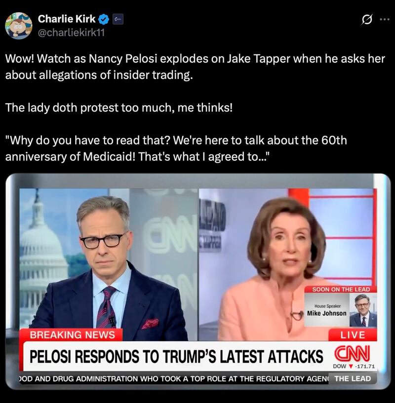 Charlie Kirk posts about Nancy Pelosi.