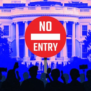 A photo illustration of press silhouettes in front of the White House with a No Entry red sign.