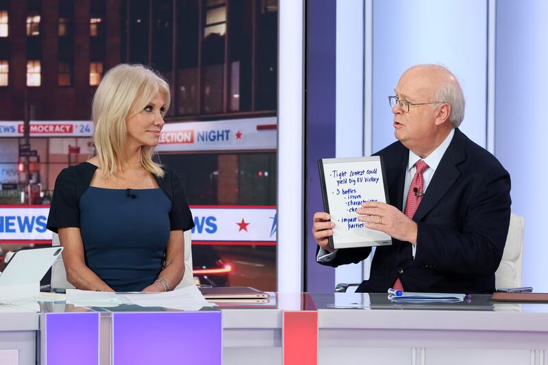 NEW YORK, NEW YORK - NOVEMBER 05: (L-R) Kellyanne Conway and Karl Rove speak during FOX News Channel’s "Democracy 2024: Election Night" at Fox News Channel Studios on November 05, 2024 in New York City. (Photo by Dia Dipasupil/Getty Images)