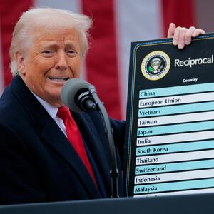 U.S. President Donald Trump holds up a chart of "reciprocal tariffs".