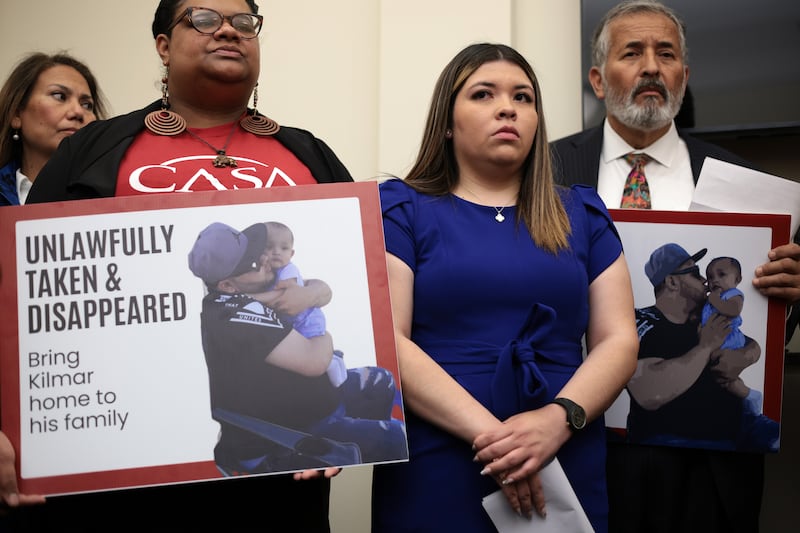 Kilmar Abrego Garcia's, Jennifer Vasquez Sura (center right) listens during a news conference held by the Congressional Hispanic Caucus to discuss his husband’s arrest at Cannon House Office Building on April 9, 2025 in Washington, D.C.