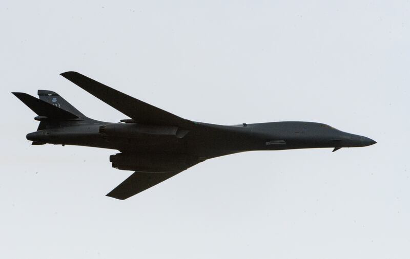 A U.S. Air Force B-1B Bomber flies during a ceremony marking the 76th Armed Forces Day held at Seoul Air Base.