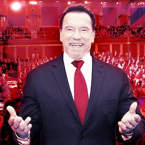 A photo illustration of Arnold Schwarzenegger and the House of Representatives.