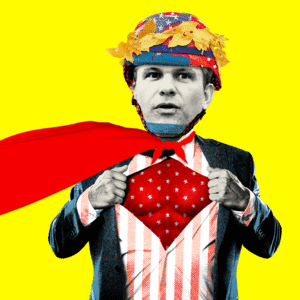 Pete Hegseth dressed as an American superhero with a red cape flying in the wind and an army helmet with a gold Caesar laurel wreath on his head