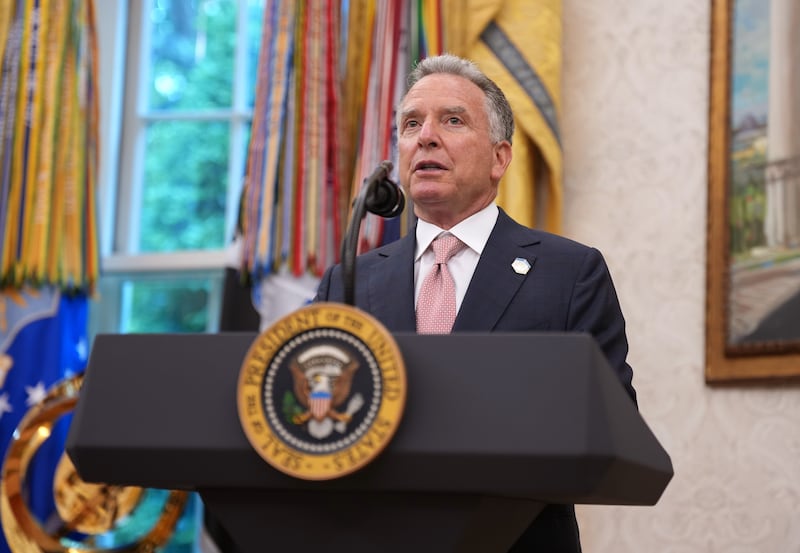 WASHINGTON, DC - MAY 28: U.S. Special Envoy to the Middle East Steve Witkoff delivers remarks during the swearing in ceremony for interim U.S. Attorney for Washington, D.C. Jeanine Pirro in the Oval Office of the White House on May 28, 2025 in Washington, DC. Trump has announced Pirro, a former Fox News personality, judge, prosecutor, and politician, after losing support in the Senate for his first choice, Ed Martin, over his views on the January 6, 2021 attack on the U.S. Capitol. (Photo by Andrew Harnik/Getty Images)