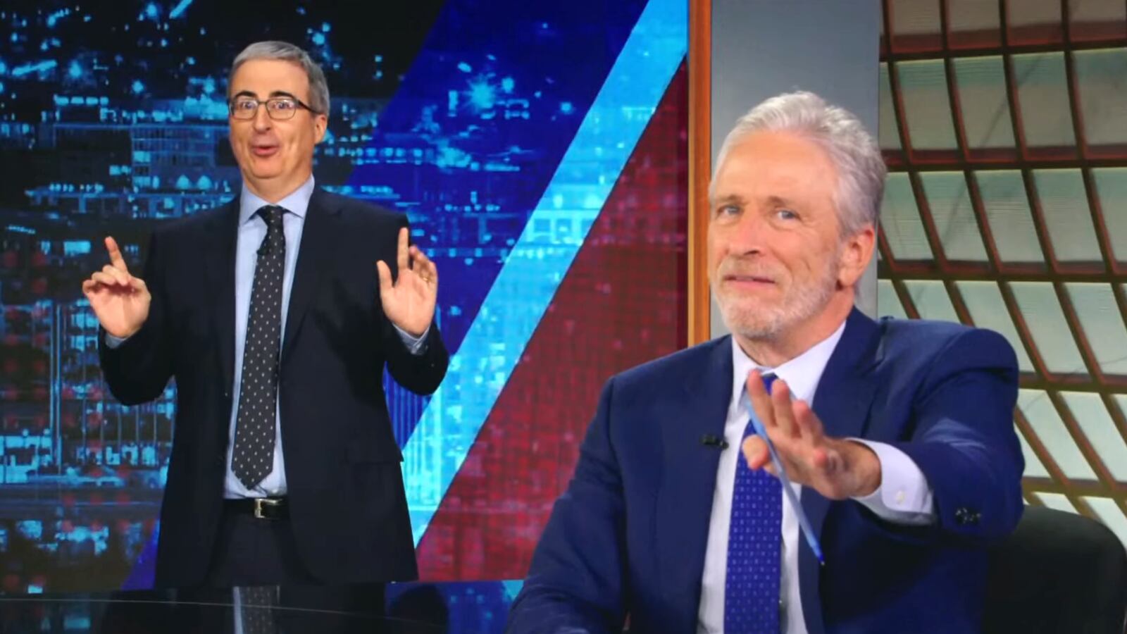 John Oliver and Jon Stewart arguing