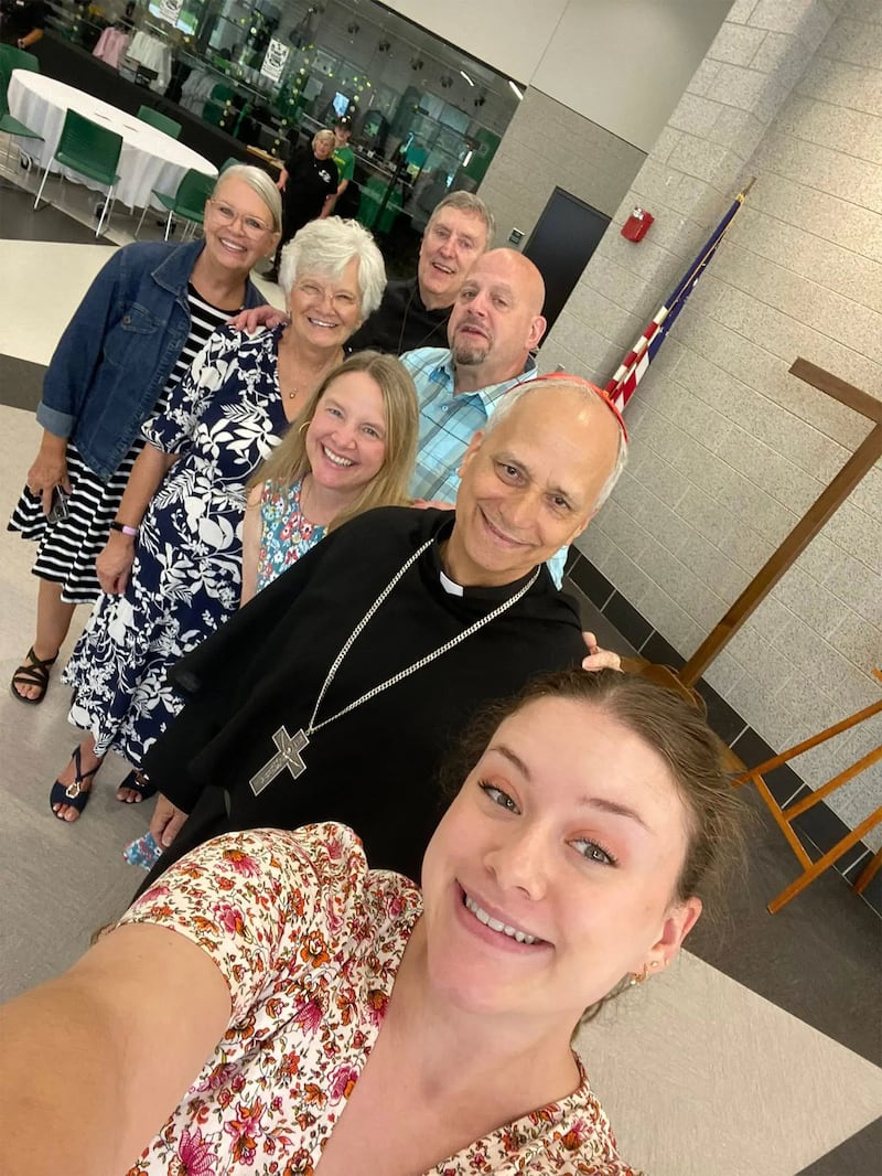 Cardinal Robert Francis Prevost, now Pope Leo XIV, visits the Providence Catholic High School in August 2024.
