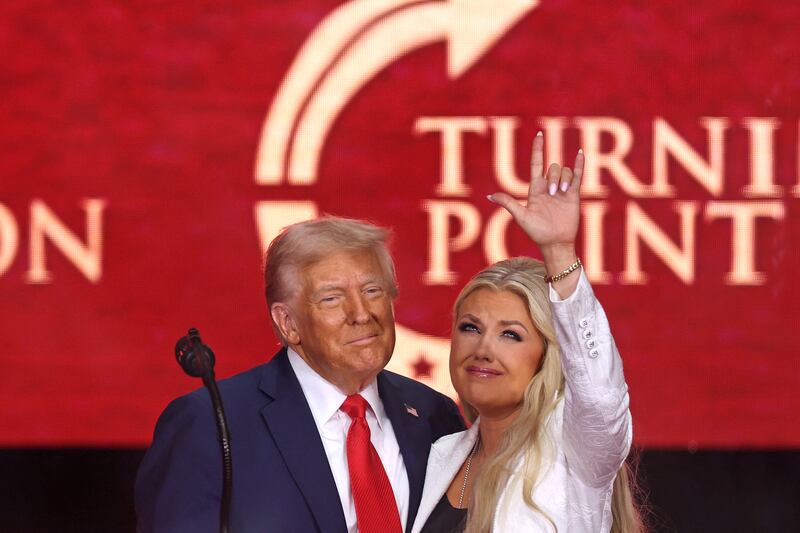 President Donald Trump with Erika Kirk, Charlie Kirk’s widow, at a memorial event in Arizona on Sunday—Trump hailed Charlie Kirk as a “martyr” in his speech.