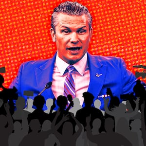 A photo illustration of Pete Hegseth and a crowd of press corps.