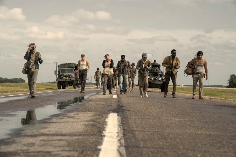 Charlie Plummer as Barkovitch, Garrett Wareing as Stebbins, Cooper Hoffman as Garraty, David Jonsson as McVries, Ben Wang as Olson, Tut Nyuot as Baker, and Joshua Odjick as Parker in The Long Walk.