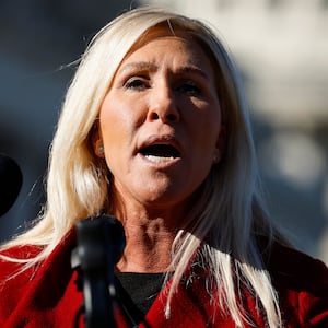 WASHINGTON, DC - NOVEMBER 14: U.S. Rep. Marjorie Taylor Greene (R-GA) speaks alongside U.S. Rep. Tony Gonzales (R-TX) at a news conference on border security outside of the U.S. Capitol Building on November 14, 2023 in Washington, DC. The House Republicans spoke to reporters about the tabled impeachment motion for U.S. Homeland Security Secretary Alejandro Mayorkas and the southern border.  (Photo by Anna Moneymaker/Getty Images)