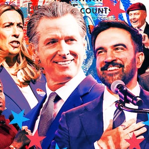 A photo illustration of Election Day candidates Zohran Mamdani and Gavin Newsom.