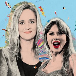 Photo illustration of Samantha Bee and Taylor Swift on a blue background