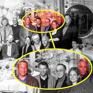 Jeffrey Epstein at a dinner he hosted at Harvard University with Harvard Professors , Alan Dershowitz, Stephen Pinker, Princeton Professor Robert Trivers, Larry Summers,  E.O. Wilson,, Marvin Minsky, Lisa Randall, Martin Nowak. Alan Guth on September 9, 2004 in Cambridge, Massachusetts
